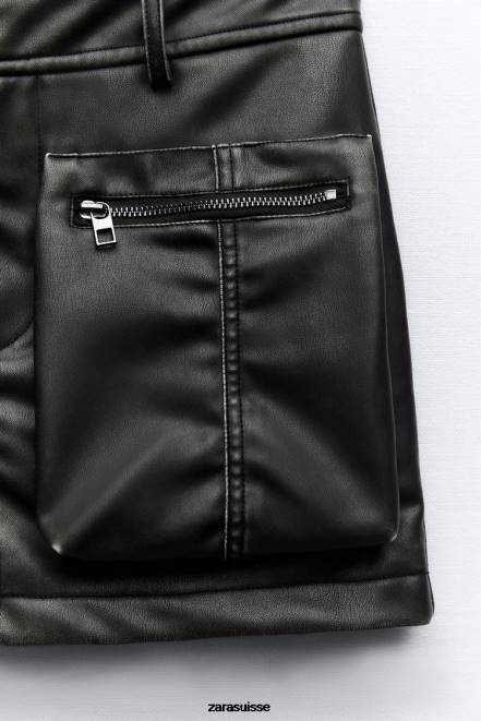 Zara vêtements P66V662 femmes jupe à poche en similicuir noir