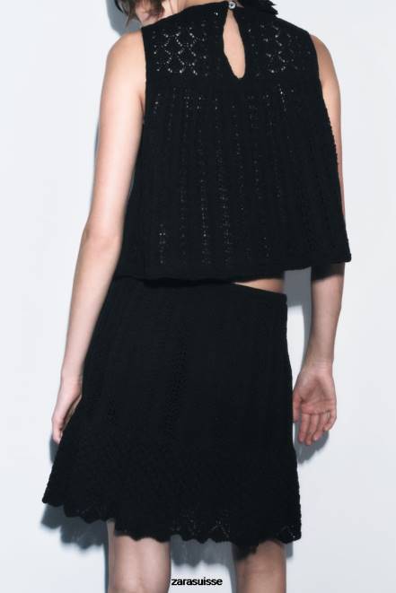 Zara vêtements P66V667 femmes mini-jupe en maille pointelle noir
