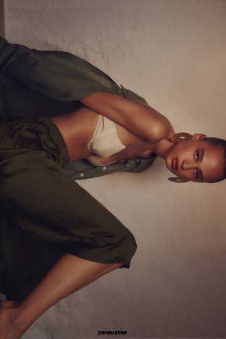 Zara vêtements P66V674 femmes jupe longue effet satiné kaki