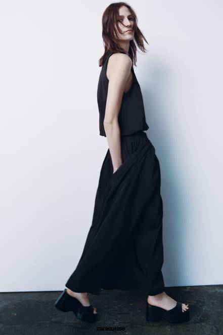 Zara vêtements P66V675 femmes jupe midi volumineuse noir