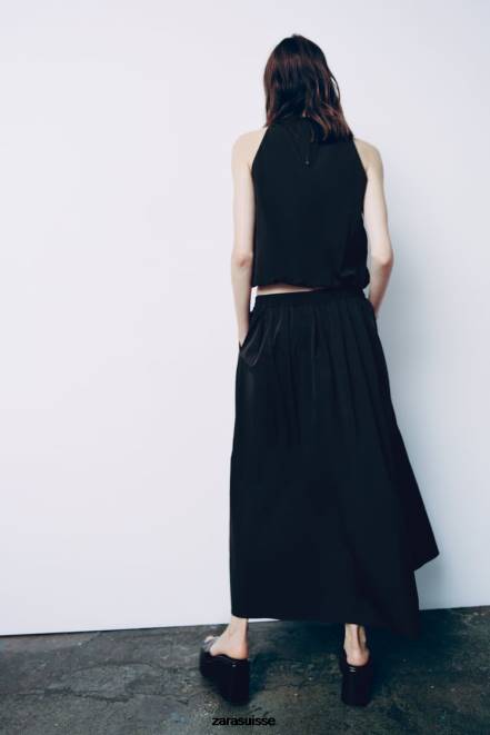 Zara vêtements P66V675 femmes jupe midi volumineuse noir