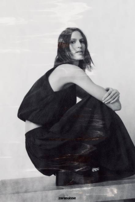 Zara vêtements P66V675 femmes jupe midi volumineuse noir