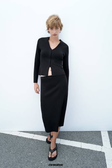 Zara vêtements P66V677 femmes jupe mi-longue en maille noir