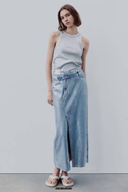 Zara vêtements P66V679 femmes jupe asymétrique en denim métallisé trf argent