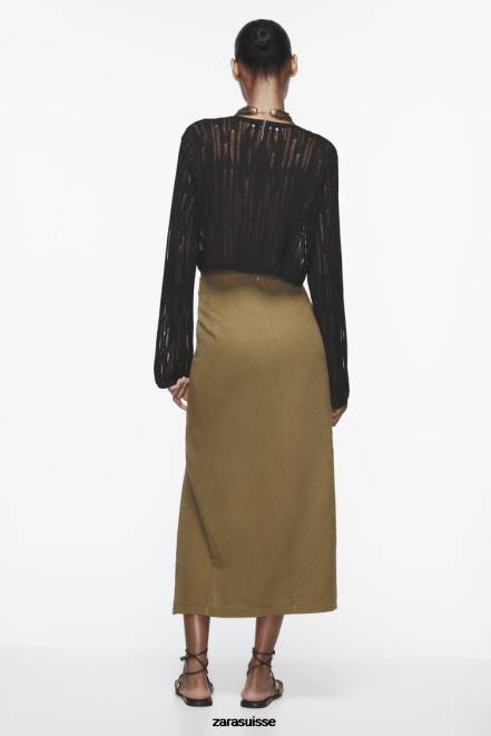 Zara vêtements P66V684 femmes jupe midi boutonnée en lin mélangé olive foncé