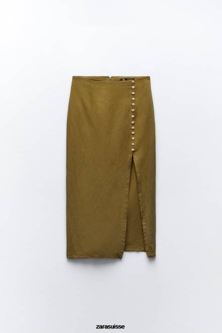 Zara vêtements P66V684 femmes jupe midi boutonnée en lin mélangé olive foncé