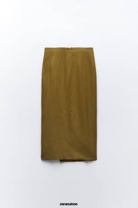 Zara vêtements P66V684 femmes jupe midi boutonnée en lin mélangé olive foncé