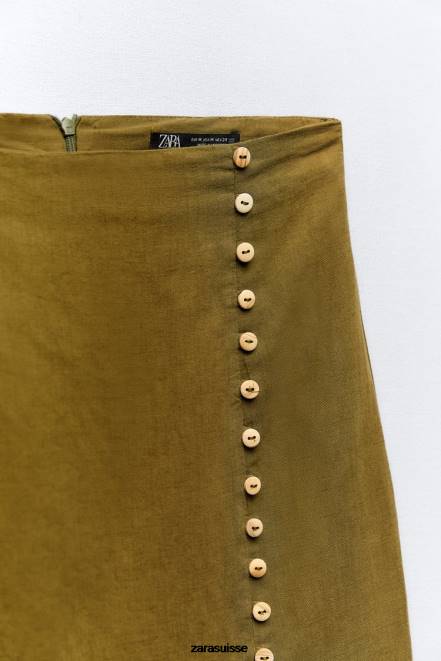 Zara vêtements P66V684 femmes jupe midi boutonnée en lin mélangé olive foncé