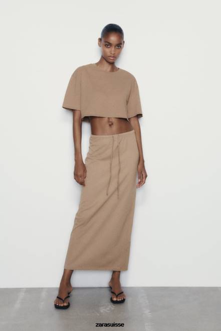 Zara vêtements P66V686 femmes jupe mi-longue effet délavé brun clair