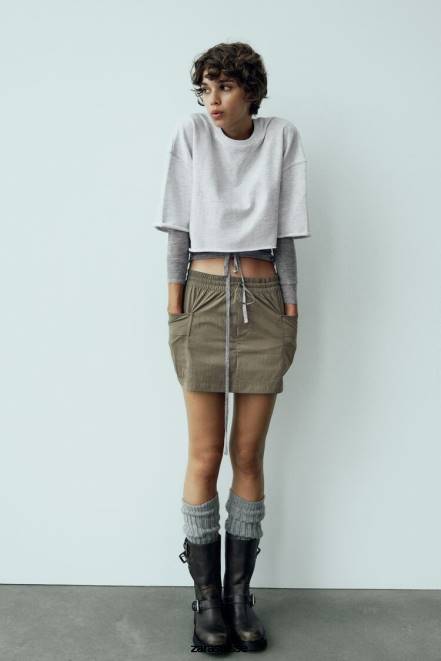 Zara vêtements P66V689 femmes jupe-short à poche kaki foncé