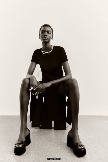 Zara vêtements P66V690 femmes jupe midi à bandes noir