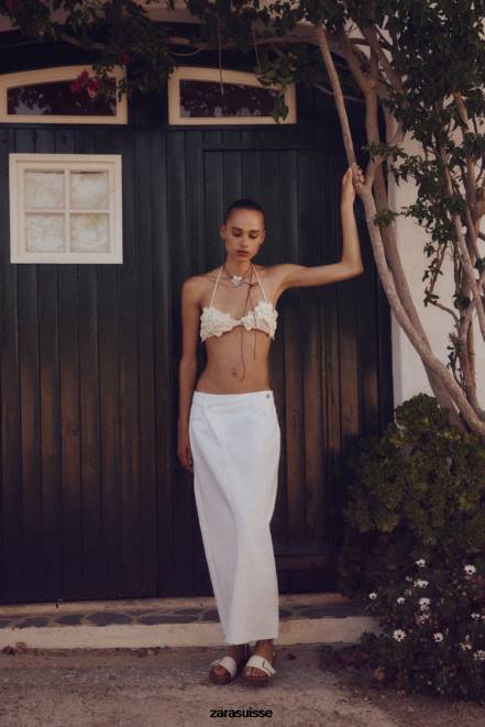 Zara vêtements P66V699 femmes jupe mi-longue en jean à taille portefeuille z1975 blanc