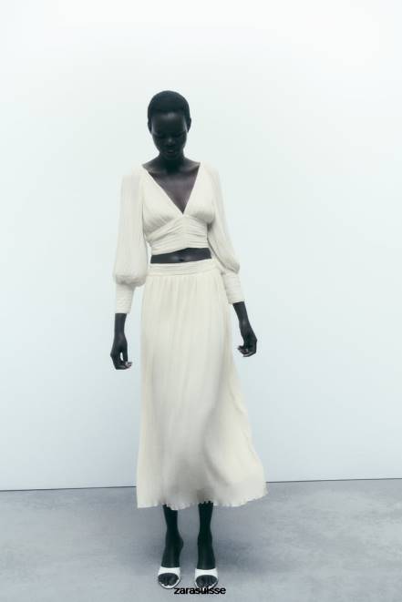 Zara vêtements P66V700 femmes jupe mi-longue plissée blanc d'huître