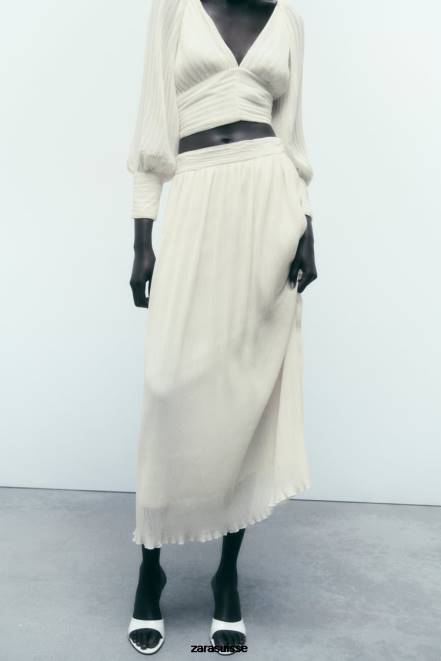 Zara vêtements P66V700 femmes jupe mi-longue plissée blanc d'huître