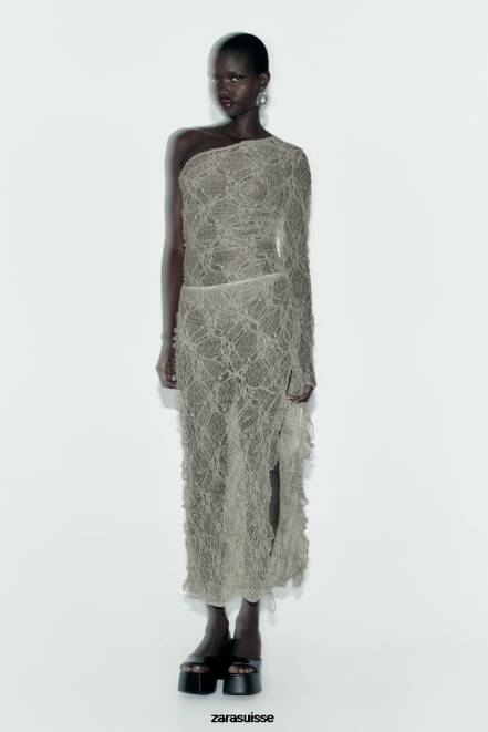 Zara vêtements P66V704 femmes jupe mi-longue en dentelle à volants kaki clair