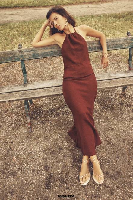 Zara vêtements P66V707 femmes jupe en lin effilochée brique