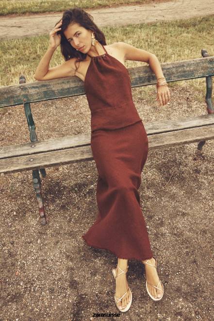 Zara vêtements P66V707 femmes jupe en lin effilochée brique