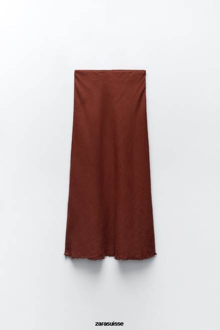 Zara vêtements P66V707 femmes jupe en lin effilochée brique