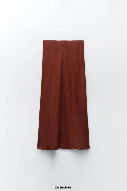 Zara vêtements P66V707 femmes jupe en lin effilochée brique