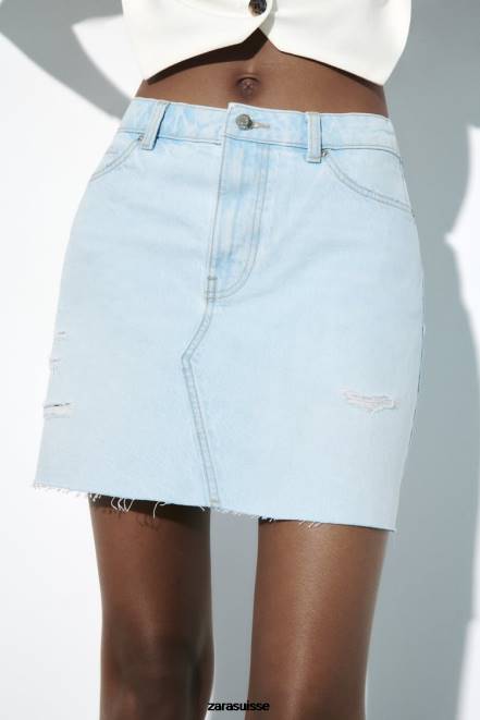 Zara vêtements P66V709 femmes mini-jupe en jean déchirée z1975 bleu clair
