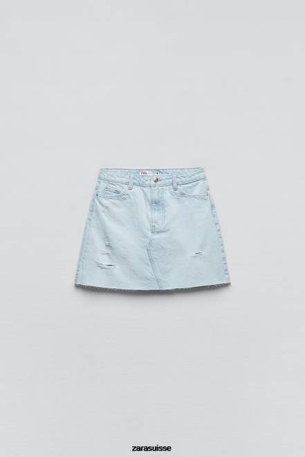Zara vêtements P66V709 femmes mini-jupe en jean déchirée z1975 bleu clair