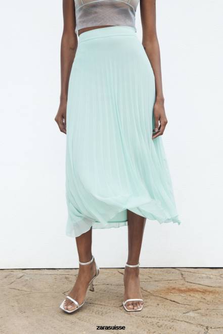 Zara vêtements P66V710 femmes jupe mi-longue plissée vert d'eau