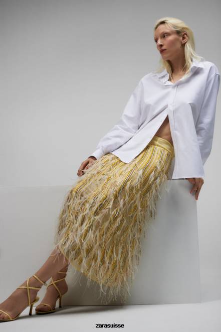 Zara vêtements P66V722 femmes jupe en cristal à plumes édition limitée jaune