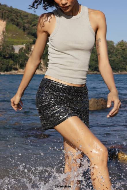 Zara vêtements P66V725 femmes mini-jupe à sequins noir