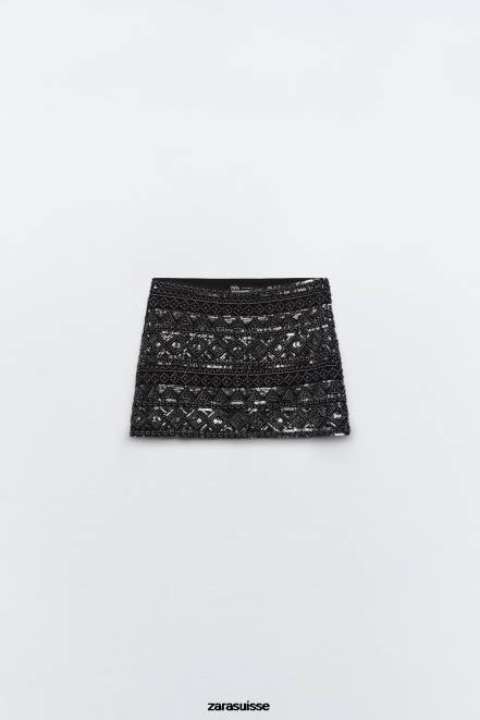 Zara vêtements P66V725 femmes mini-jupe à sequins noir