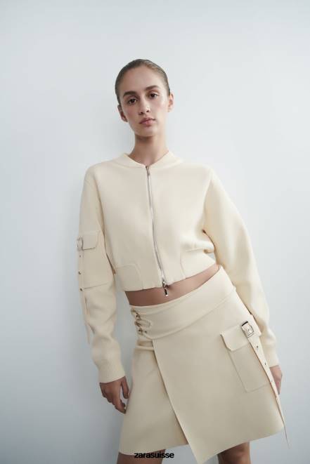 Zara vêtements P66V726 femmes jupe en tricot avec boucles écru