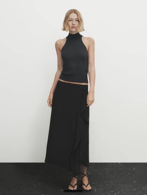 Zara vêtements P66V844 femmes jupe mi-longue fluide contrastante noir