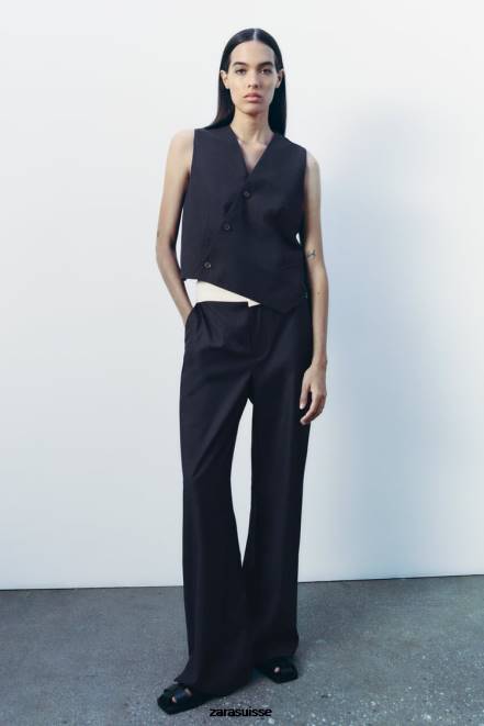 Zara vêtements P66V483 femmes zw collection - pantalon droit à taille contrastée bleu marine