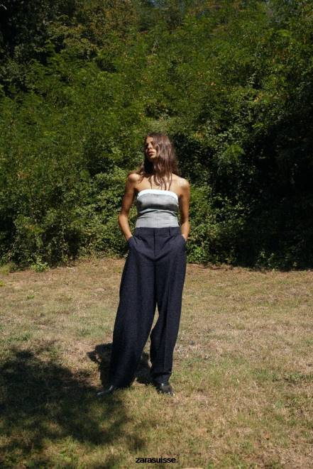 Zara vêtements P66V485 femmes pantalon droit à revers retroussés bleu marine