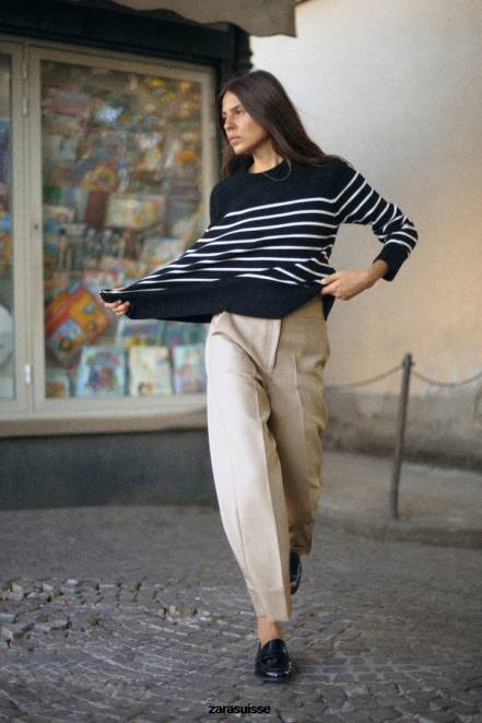 Zara vêtements P66V487 femmes pantalon droit à revers retroussés marron taupe