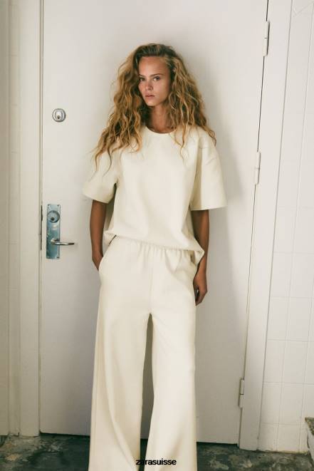 Zara vêtements P66V488 femmes pantalon ample en peluche écru