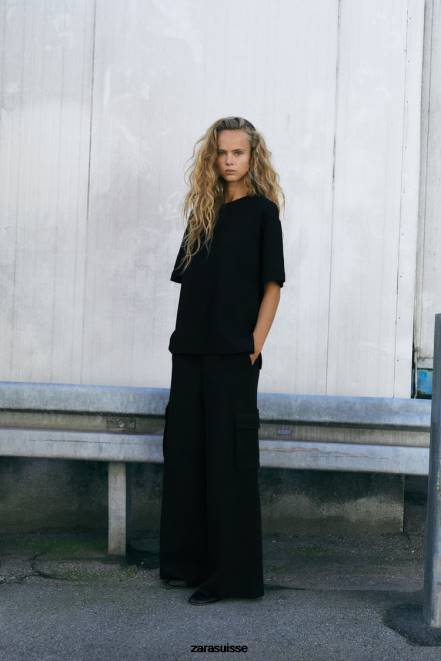 Zara vêtements P66V489 femmes pantalon cargo en peluche noir