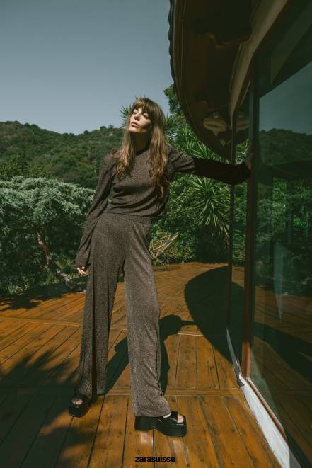 Zara vêtements P66V490 femmes pantalon avec fil métallisé or