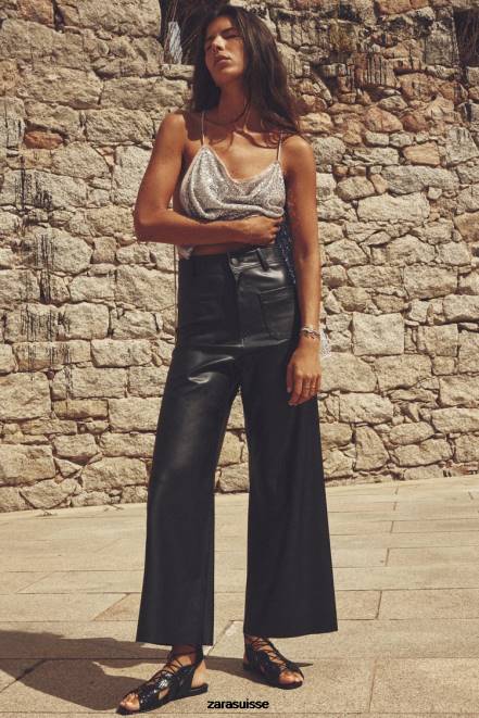 Zara vêtements P66V491 femmes pantalon droit taille haute en simili cuir zw marine noir