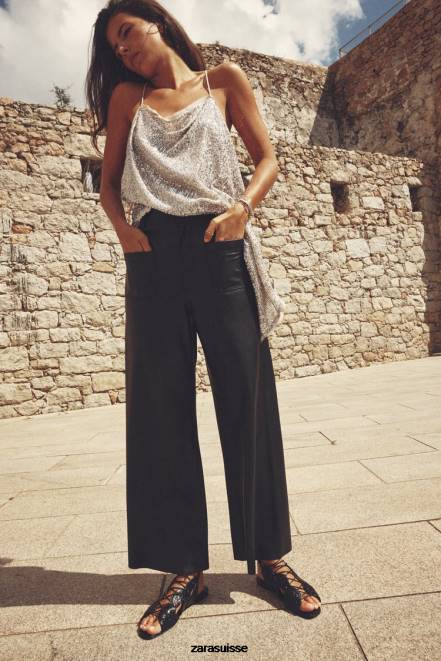 Zara vêtements P66V491 femmes pantalon droit taille haute en simili cuir zw marine noir