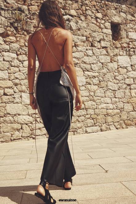 Zara vêtements P66V491 femmes pantalon droit taille haute en simili cuir zw marine noir