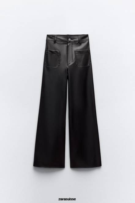 Zara vêtements P66V491 femmes pantalon droit taille haute en simili cuir zw marine noir