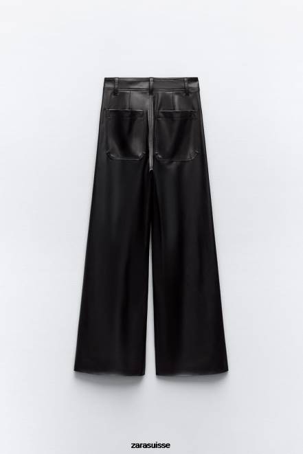 Zara vêtements P66V491 femmes pantalon droit taille haute en simili cuir zw marine noir