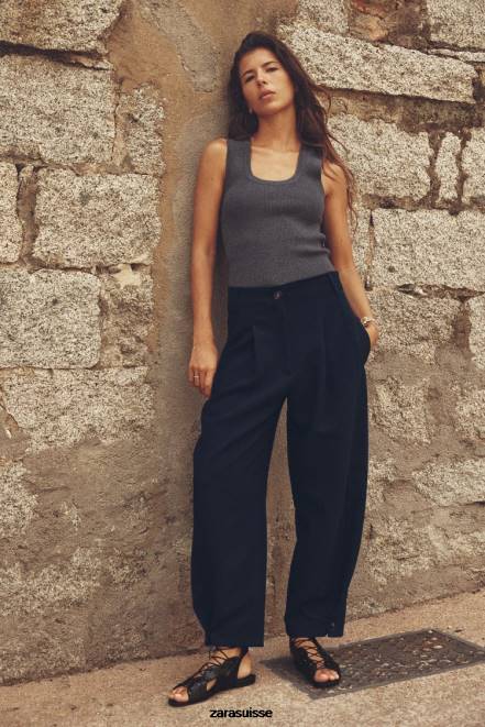 Zara vêtements P66V492 femmes pantalon fuselé plissé bleu marine