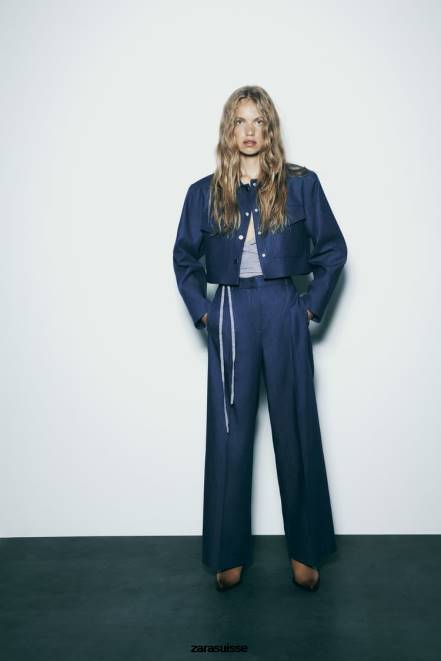 Zara vêtements P66V493 femmes pantalon large avec pinces indigo