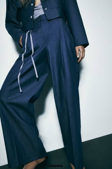 Zara vêtements P66V493 femmes pantalon large avec pinces indigo