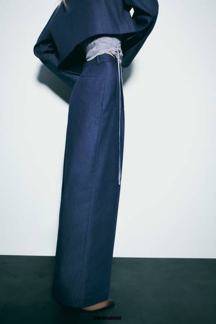 Zara vêtements P66V493 femmes pantalon large avec pinces indigo