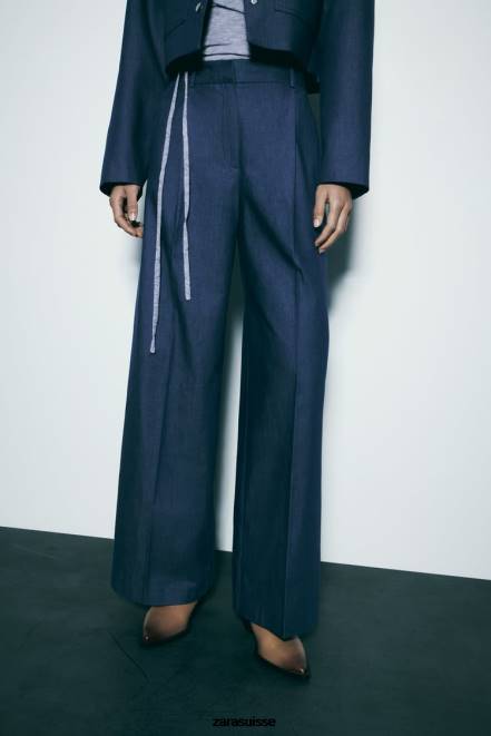 Zara vêtements P66V493 femmes pantalon large avec pinces indigo