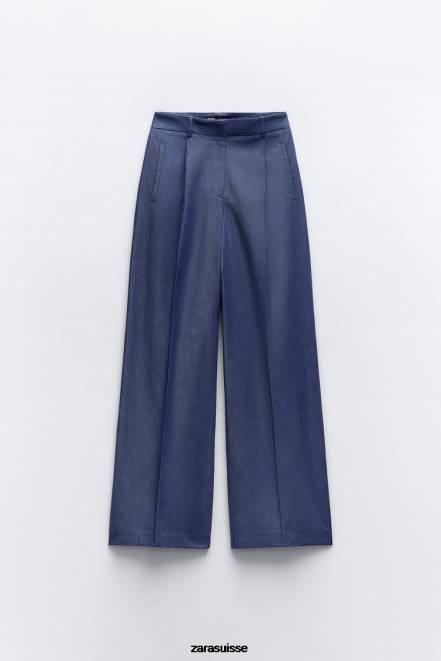 Zara vêtements P66V493 femmes pantalon large avec pinces indigo