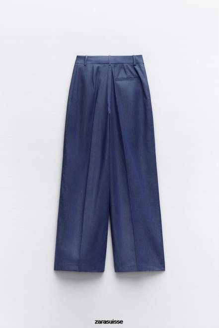Zara vêtements P66V493 femmes pantalon large avec pinces indigo