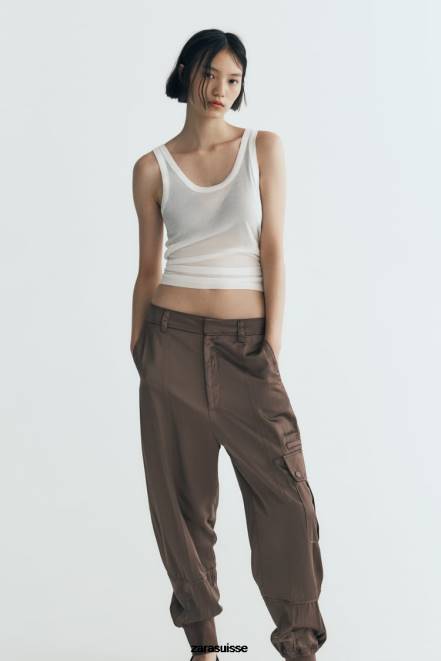 Zara vêtements P66V494 femmes pantalon de jogging effet satiné kaki